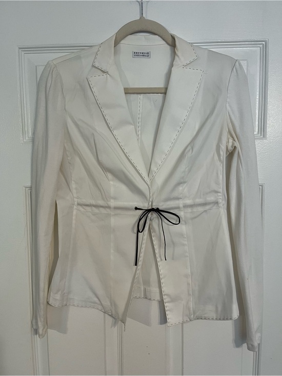 Brunello Cucinelli Jackets & Blazers - Brunello Cucinelli Off-White Tailored Drawstring Jacket with Contrast LeatherTie